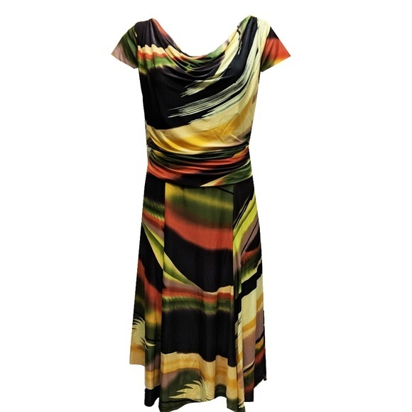 Women's Drape Neck Midi Dress Watercolor Print Short Sleeves Dress - Picture 1 of 4